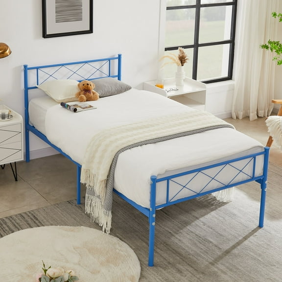 VECELO Twin Size Metal Bed Frame with Headboard, Modern Platform Bed/Mattress Foundation, Easy Assembly, Blue