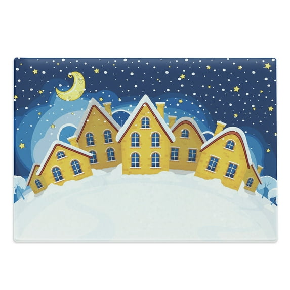 Winter Cutting Board, Cartoon Illustration of a Snowy Nighttime Scene, Decorative Tempered Glass Cutting and Serving Board, in 3 Sizes, by Ambesonne