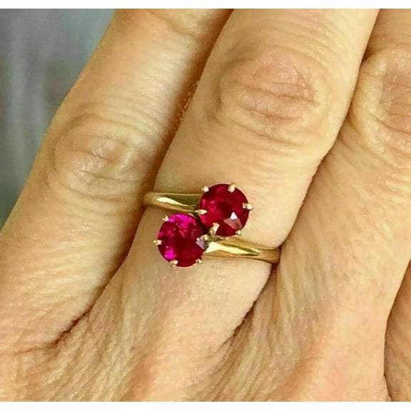 2Ct Round Cut Lab Created 14K Yellow Gold Plated Red Ruby Womens Two Stone Ring