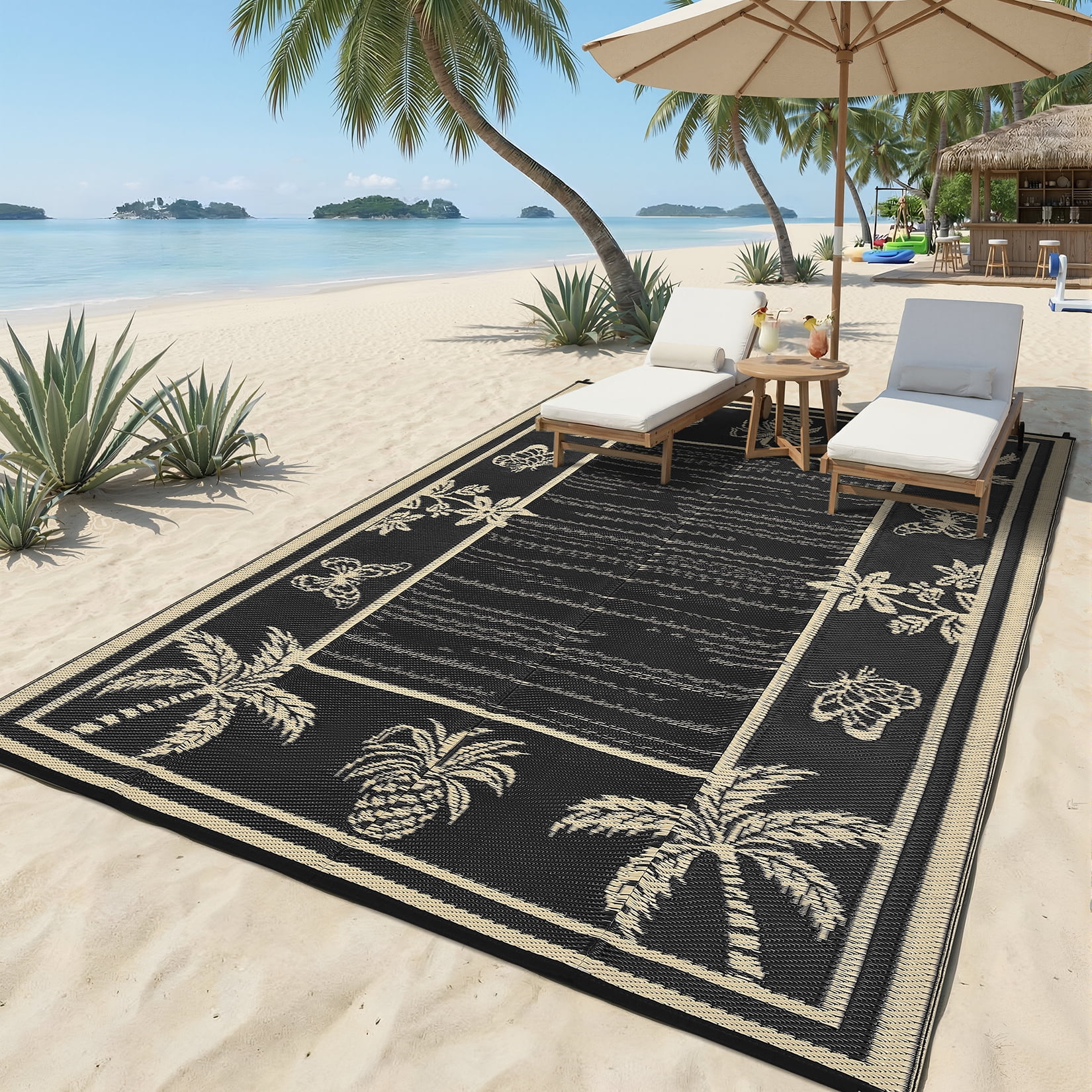 FairOnly 9'x12'Modern Tropical Floral Outdoor Rug Waterproof Reversible & Portable for Patio Poolside & Beach RV,Black Coffee