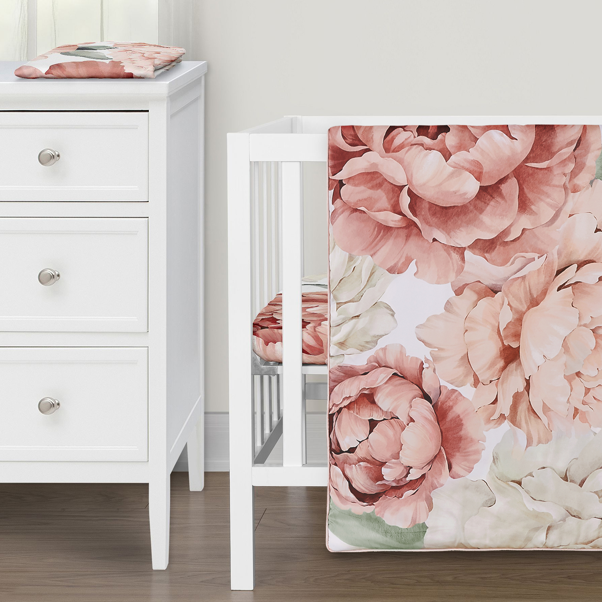Sweet Jojo Designs Peony Floral Garden Pink and Ivory 3 Piece Mini Crib Bedding Set