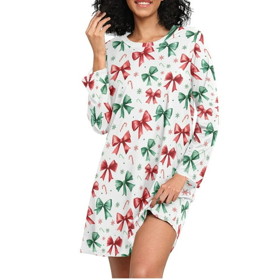 joogoo Bows Christmas Women's Long Sleeve Nightgown Sleepwear L