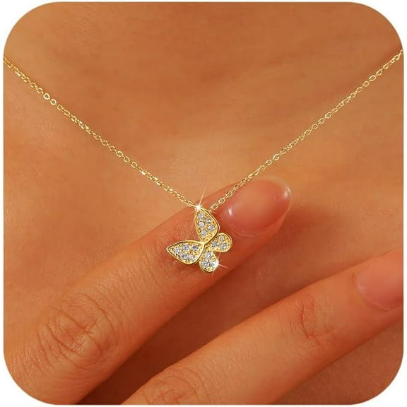 14K Gold Plated Butterfly Necklaces for Women 925 Sterling Silver Cute Butterfly CZ Pendant Necklace Dainty Insect Animal Charm Chain Necklace Jewelry Birthday Gifts for Mom Daughter