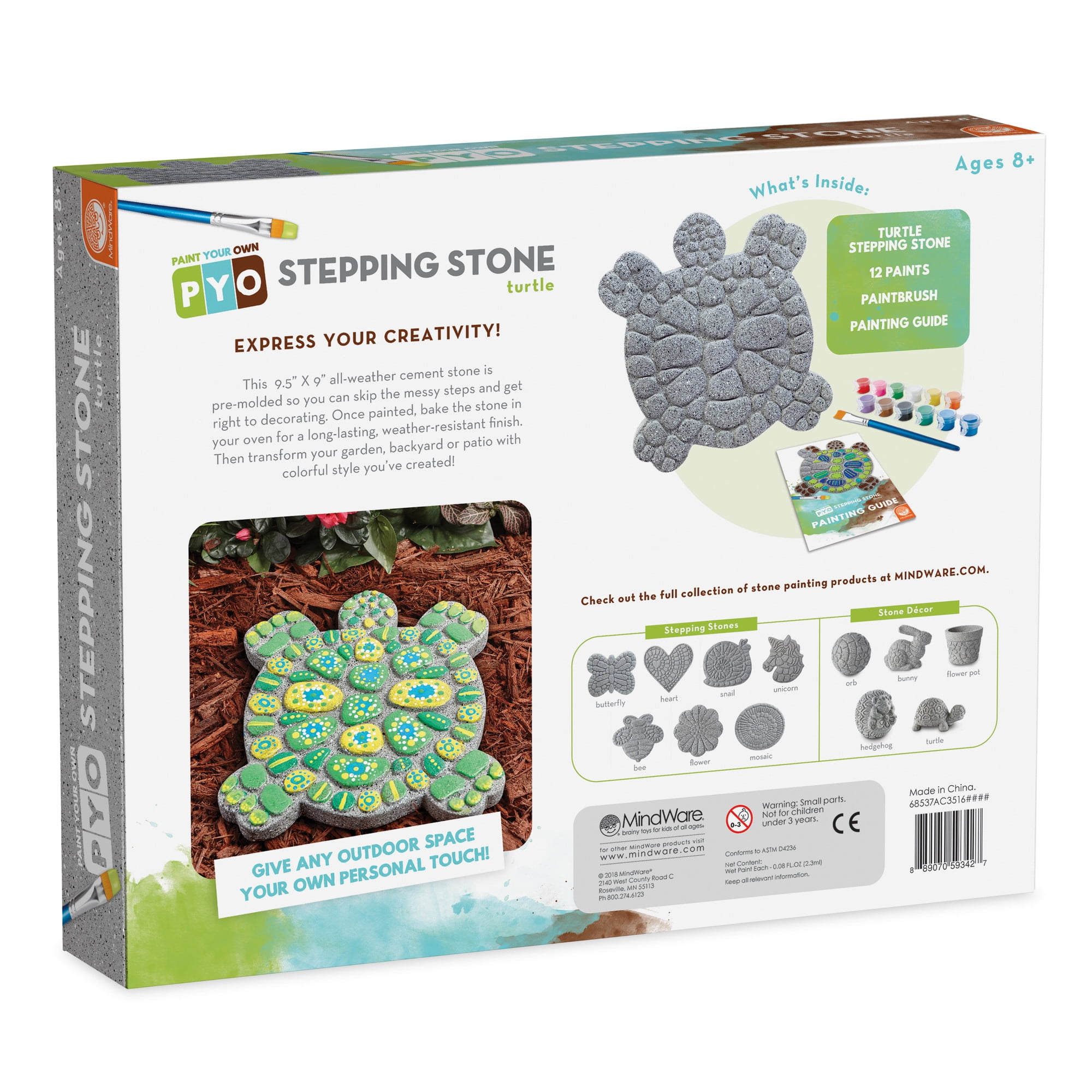 MindWare Paint Your Own Stepping Stone: Turtle, Paint Your Own Stepping Stones for Kids Craft Kit Includes Paint, Brushes and Instructions