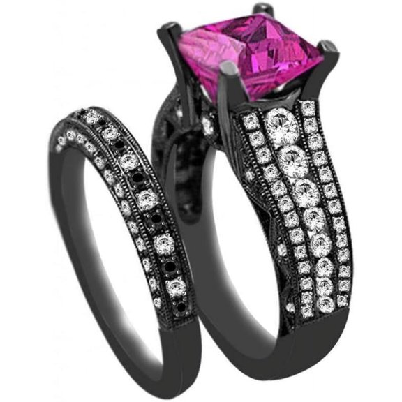 Dreamofdazzles Jewels 925 Sterling Silver 2.50 Ct Princess Cut Pink Sapphire Wedding Engagement Thanksgiving Christmas Bridal Ring Set 14K Black Gold Plated For Women's -5