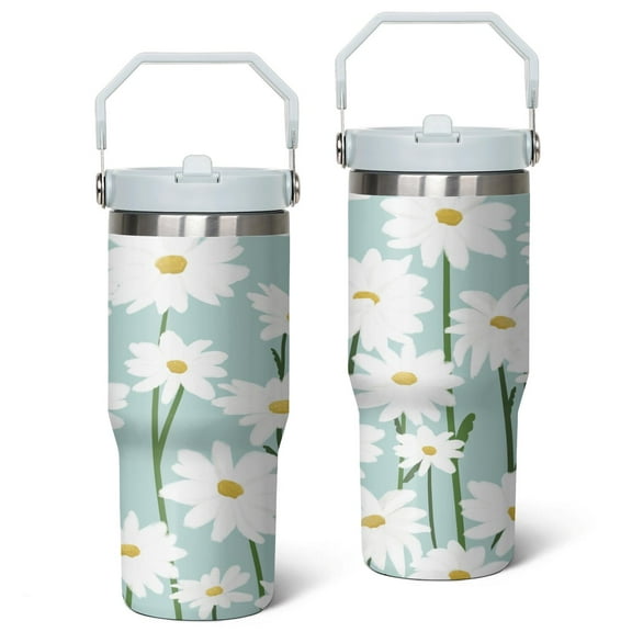 30oz Daisy Stainless Steel Tumbler with Top Handle,Cute Floral Travel Coffee Mug Flip Straw Cup,Gifts for Women Girls Men Adults(white)