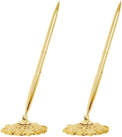 2 Pcs Gold Hollow Round Pen Holder Metal Pen Stand Holder Set Signing Pen Set Signing Desk Ballpoint Pens for Guest Book Wedding Birthday Party Graduation Teacher Office Business