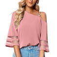 thumbnail image 5 of Women Summer Solid Color Loose Fitting Chiffon Blouse 3/4 Bell Sleeve Mesh Panel Shirt Cold Shoulder Metallic Buckle Top, 5 of 7