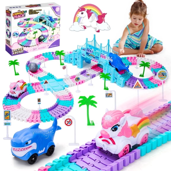 194PCS Race Track Toys for 3 4 5 Year Old Girls: Shark & Unicorn Gifts for Girls Kids Toys Age 4 5 6, Car Track Construction Toy Birthday Present for 3-9 Year Old Girl Gifts