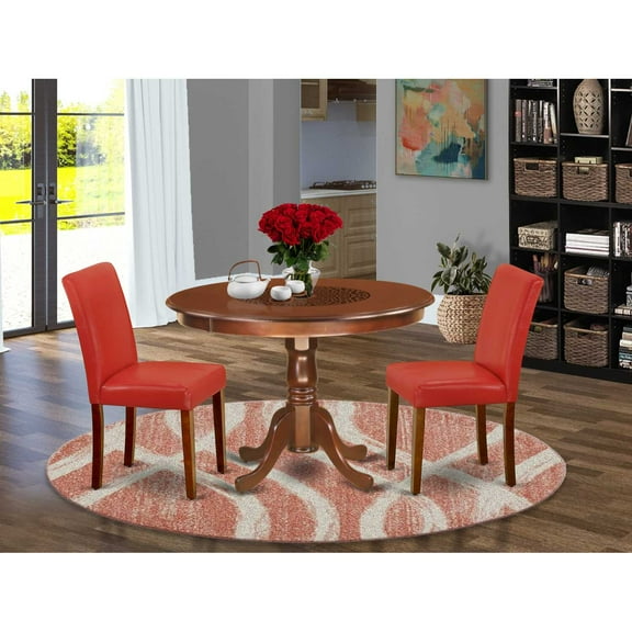 East West Furniture Hartland 3-piece Dining Set with Leather Seat in Mahogany