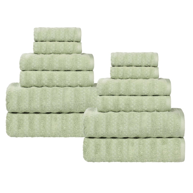 Superior Zuma Waffle Textured Stripes Cotton 12 Piece Towel Set, Zero Twist Absorbent Towels, Green
