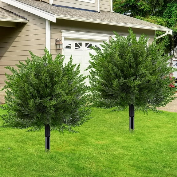 24" Artificial Cedar Topiary Trees with Ground Spike, Resistant Fake Bushes Set of 2 for Outdoor Indoor Garden Decor
