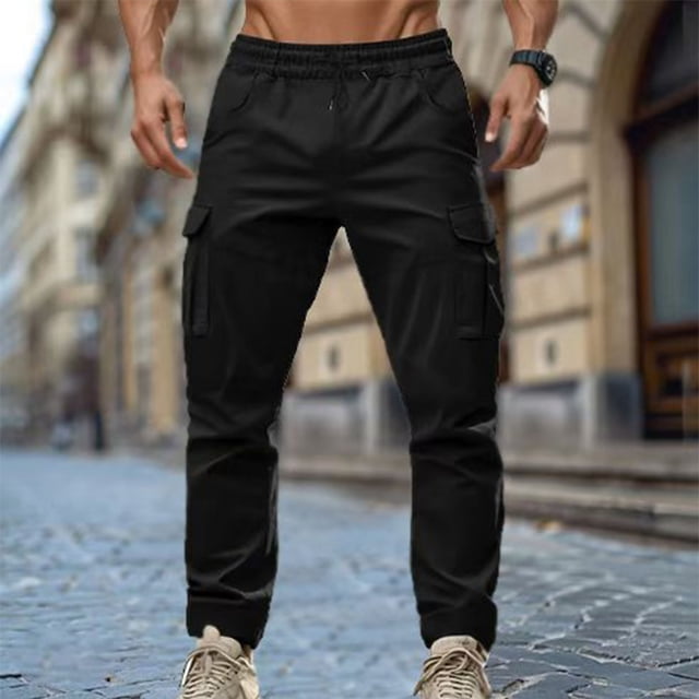 Yusimy Men's Casual Cargo Pants Drawstring Waist Solid Color Workwear Style Fashionable Versatile Breathable Loose Fit Outdoor Style