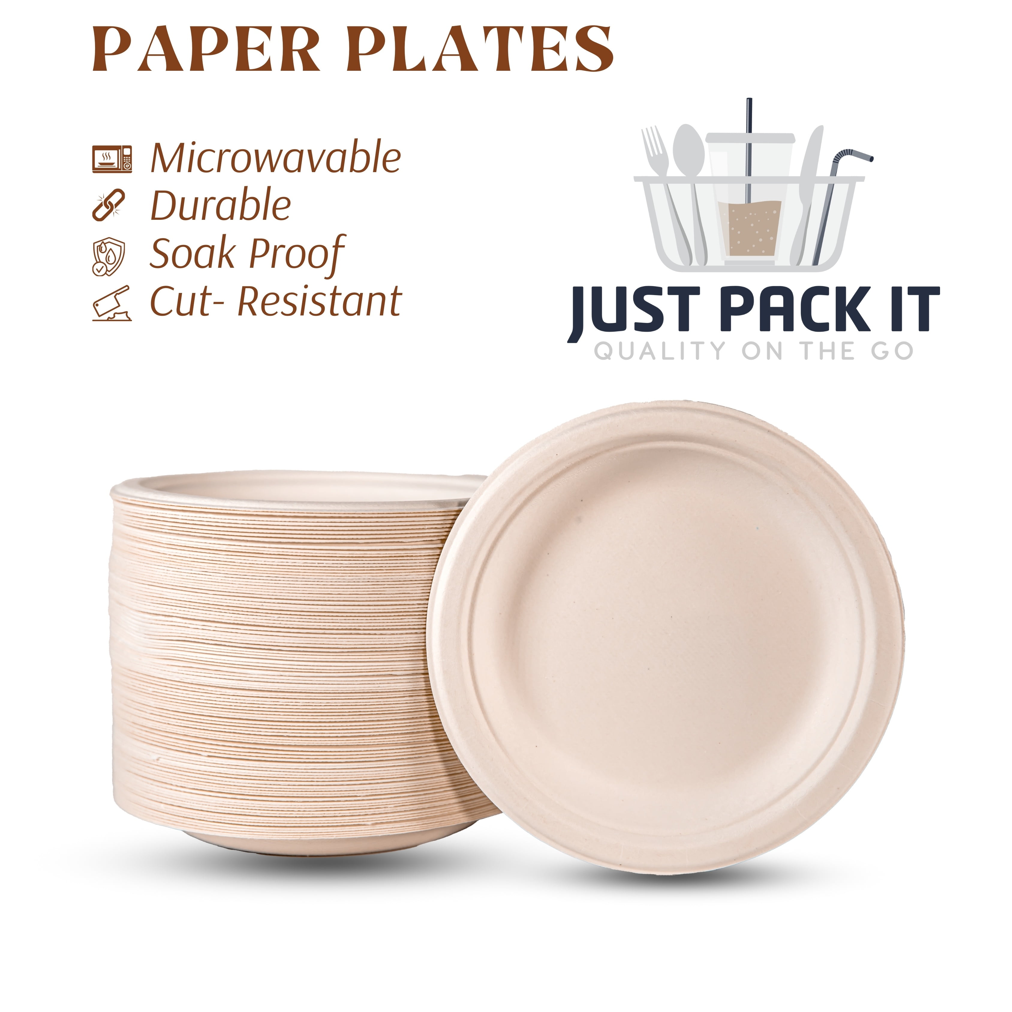 JUST PACK IT Eco-Friendly 100% Compostable AFN1Disposable Microwavable Sugarcane Paper Plates - Heavy-Duty Unbleached (125, 6" Round Plates)