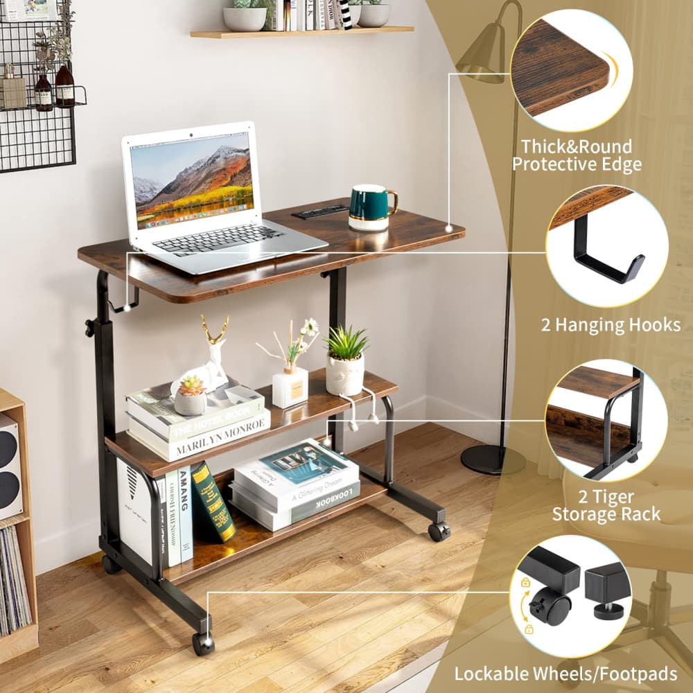 Hassch Portable Rolling Desk with Charging Station on Wheels, 26.4"-41.5" Height Adjustable Computer Desk with Storage Shelves for Home Office, Portable Writing Desk for Small Space, Brown