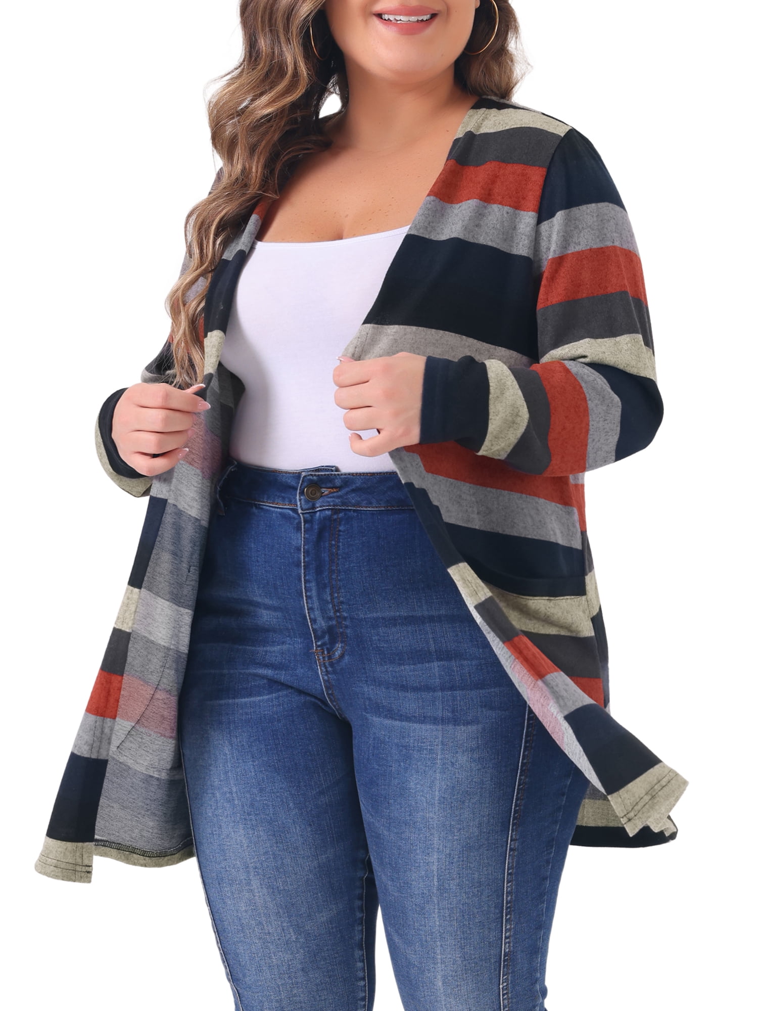 DARING DIVA Plus Size Open Front Long Sleeve Stripe Cardigan 2X Black Red