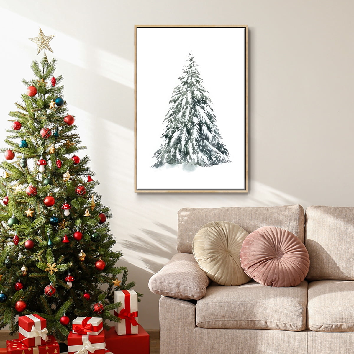 Blue Spruce I - Framed Gallery Wrapped Holiday Canvas - 17 x 25 - Natural Wood Frame
