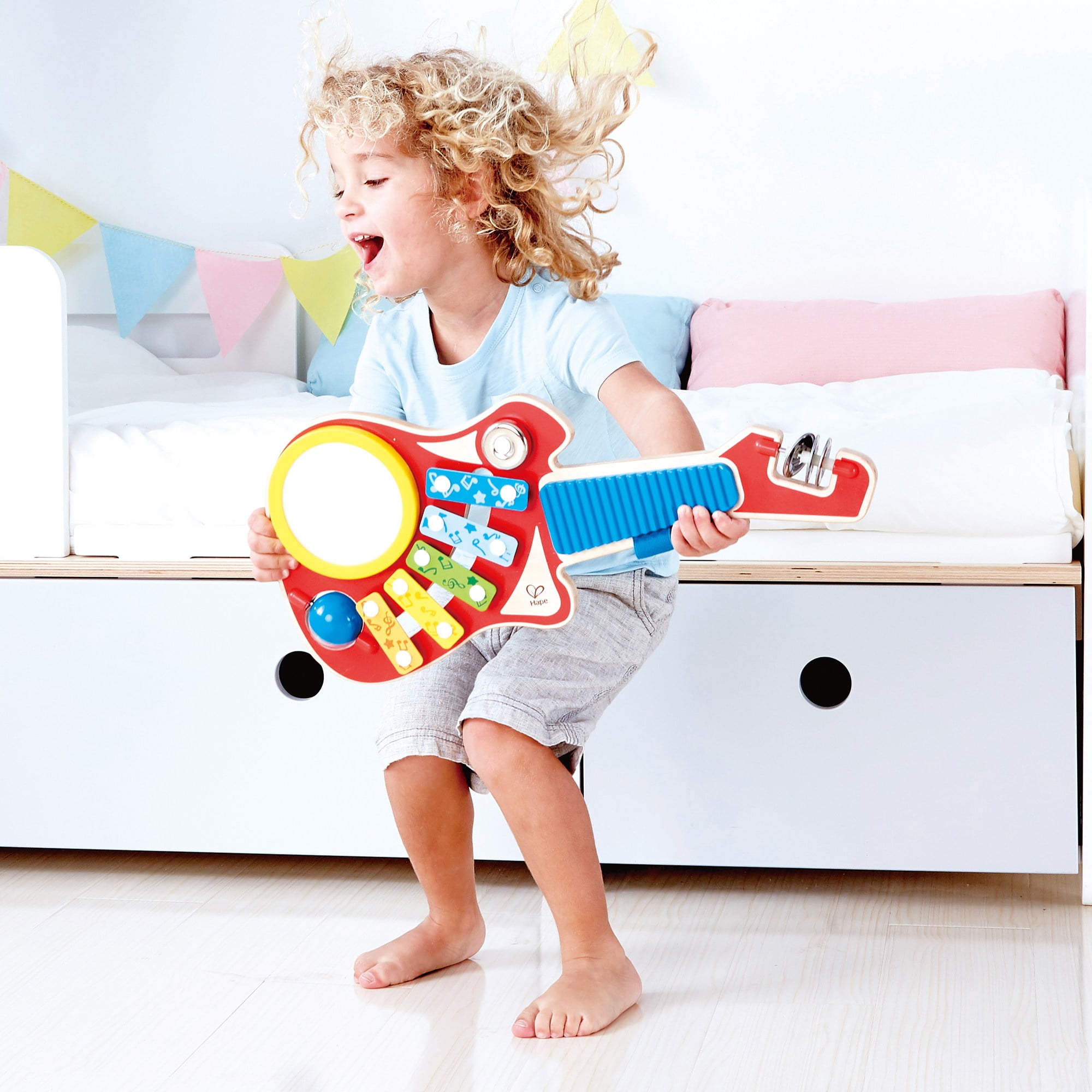 Hape: 6-In-1 Music Maker - Rainbow Colors, Wooden Guitar Shaped Musical Toy, 6 Instrument To Play, 19.2 x 18.9 x 8.7", Toddler & Kids Ages 18mo+