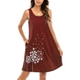 thumbnail image 4 of MAWCLOS Robe d'Été Femme Col en U Mini Robes Courtes Sans Manches Robe T-Shirt Décontractée Imprimé Pissenlit Rouge Vin m, 4 of 4