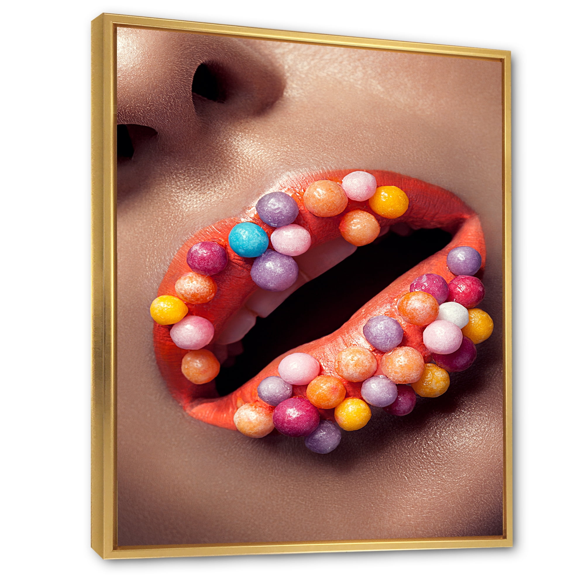Designart 'Close Up of Creative Make Up On Woman Lips With Lolipops' Modern Framed Canvas Wall Art Print