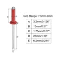 thumbnail image 2 of Uxcell 3.2mm x 13mm Aluminum Open End Flat Round Head Blind Rivets, Red 200 Pack, 2 of 5