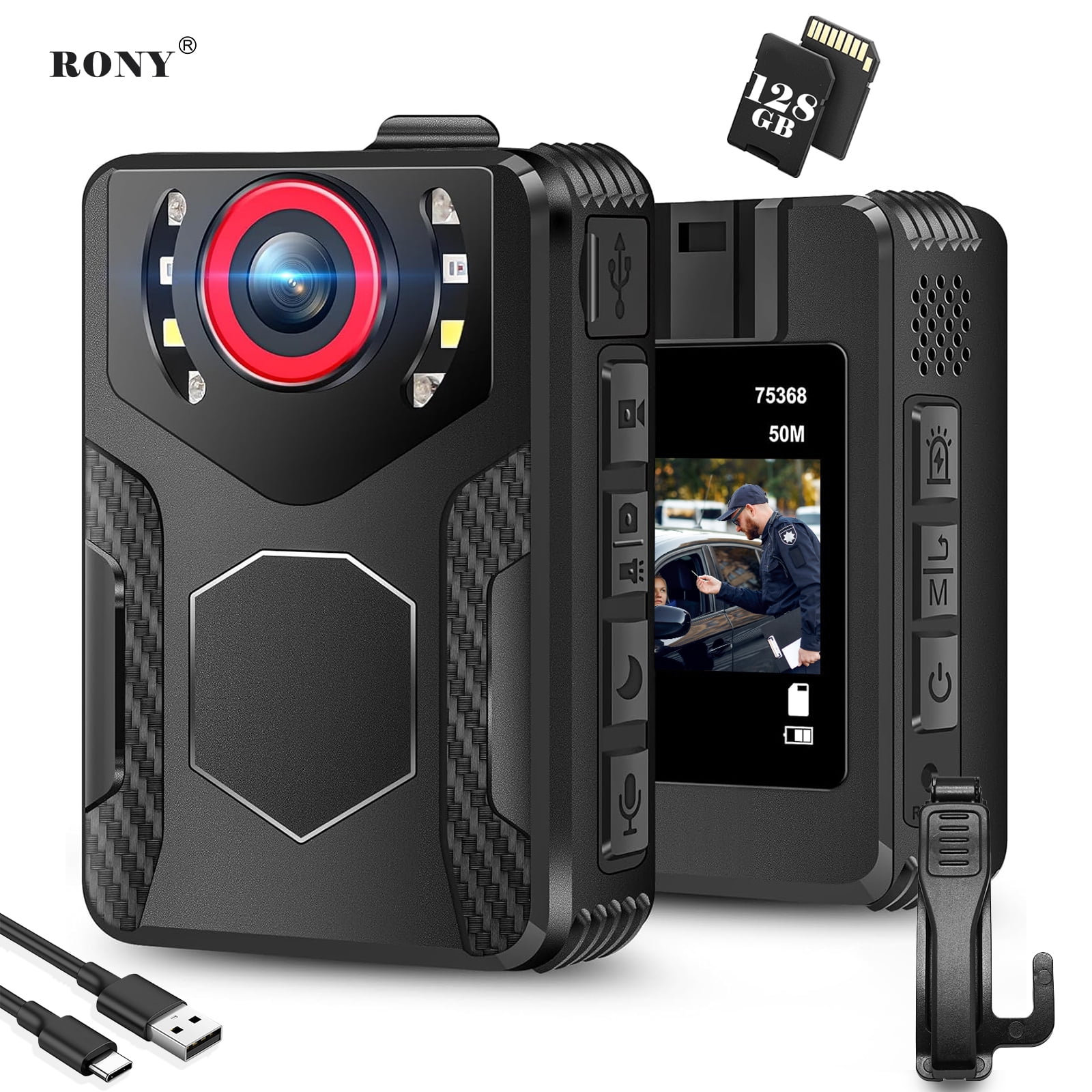 RONY 128GB Wearable Body Camera with Audio and Video Recording, 1080P FHD Body Cam with IR Night Vision for Law Enforcement Security Guard Civilian