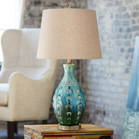 - 360 Lighting Mid Century Modern Table Lamp Vase Teal Handmade Tan Linen Tapered Drum Shade for Living Room Family Bedroom Bedside