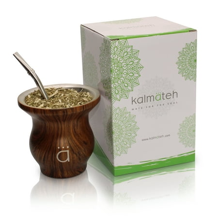 Kalmateh Innovative Yerba Mate Gourd- Modern 9 oz Mate Cup- Double Walled 18/8 Stainless Steel - Includes Bombilla and Cleaning Brush (Wood)