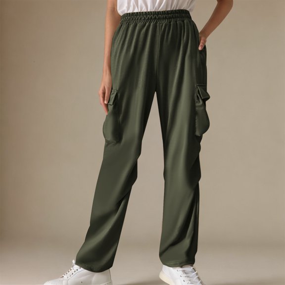 Makaor Sweatpants Baggy for Women with Pockets Solid Lounge Pants with Elastic Waist Army Green L
