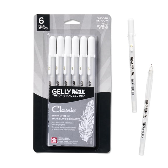 SAKURA Gelly Roll Gel Pens - Medium & Bold Tip Ink Pens for Journaling, Art, Calligraphy, or Drawing - Classic White Ink - 08/10 Assorted Tip Sizes - 6 Pack