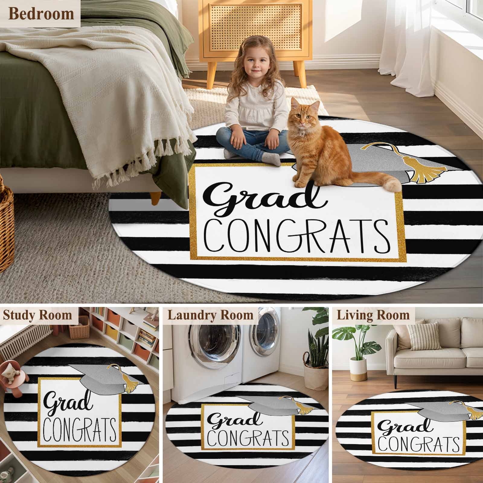 Graduation Top Hat Round Living Room Rugs 6 ft, White Black Striped Abstract Art Washable Area Rug with Non-Slip Sturdy Edge Binding Round Carpet for Kitchen Office Bedroom