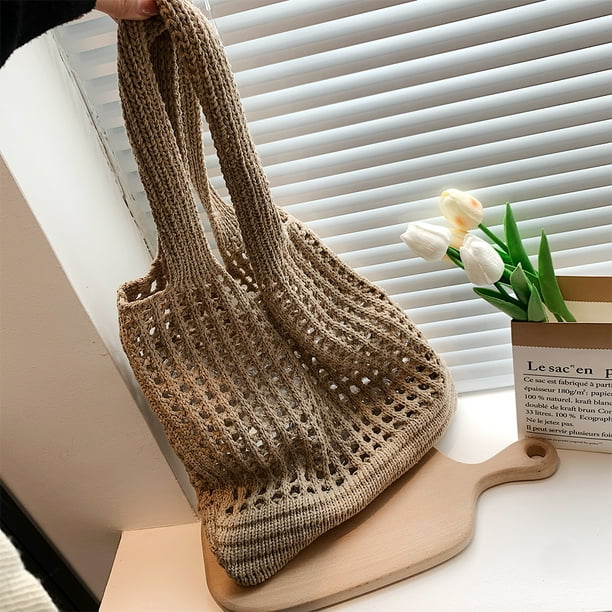 Lutabuo Women Crochet Beach Bag Casual Travel Tote Bag Summer Purse Ladies  Daily Handbag 