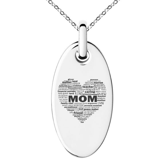 Stainless Steel Inspirational Mom Heart Small Oval Charm Pendant Necklace