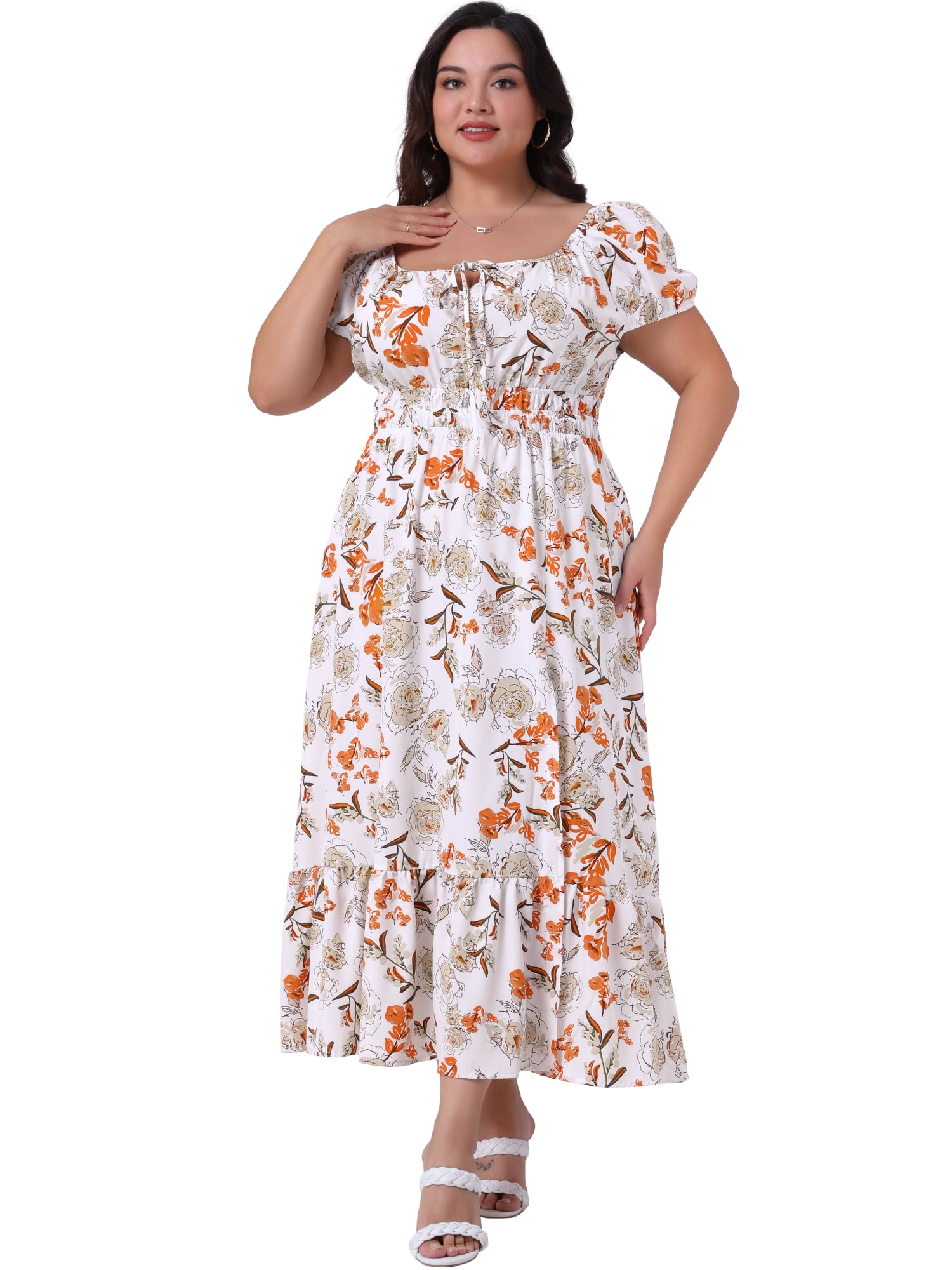 DARING DIVA Plus Size Square Neck Floral Print Short Sleeves Dress 1X White