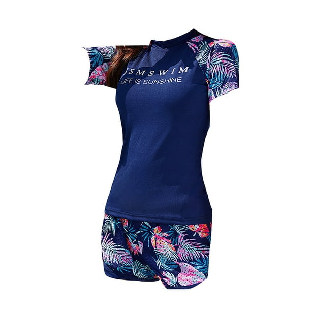 Alician 2 Pcs/set Women Swimming Suit Sunscreen Swimsuit Short-sleeve Top+  Flat-angle Skirt 