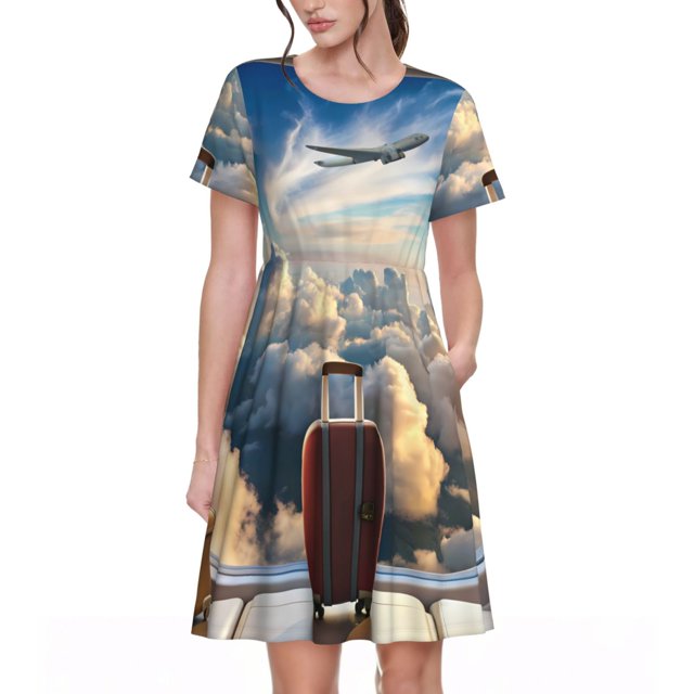 Disketp Sunset Airplane Travel View para Vestido de Manga Corta para Mujeres, Vestidos de Verano para Mujeres, Casual y Holgado para la Playa