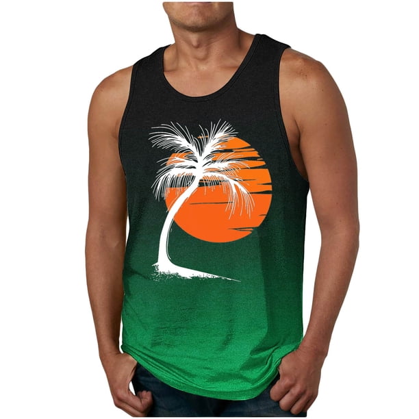 Camiseta sin mangas de cuello redondo para hombre, estampada, informal, deportiva, elástica, de moda, de poliéster.