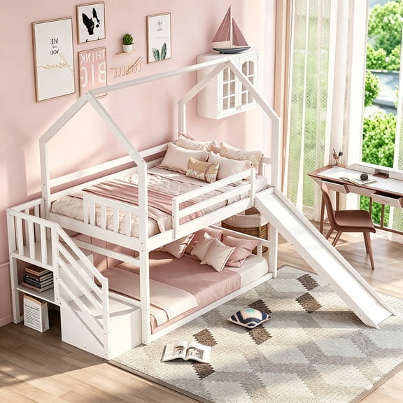 Bellemave White Twin over Twin House-shaped Bunk Bed with Slide and Storage Staircase for Teen, Twin Size House Bunk Bed with Convertible Slide for Bedroom, can be Placed Left or Right