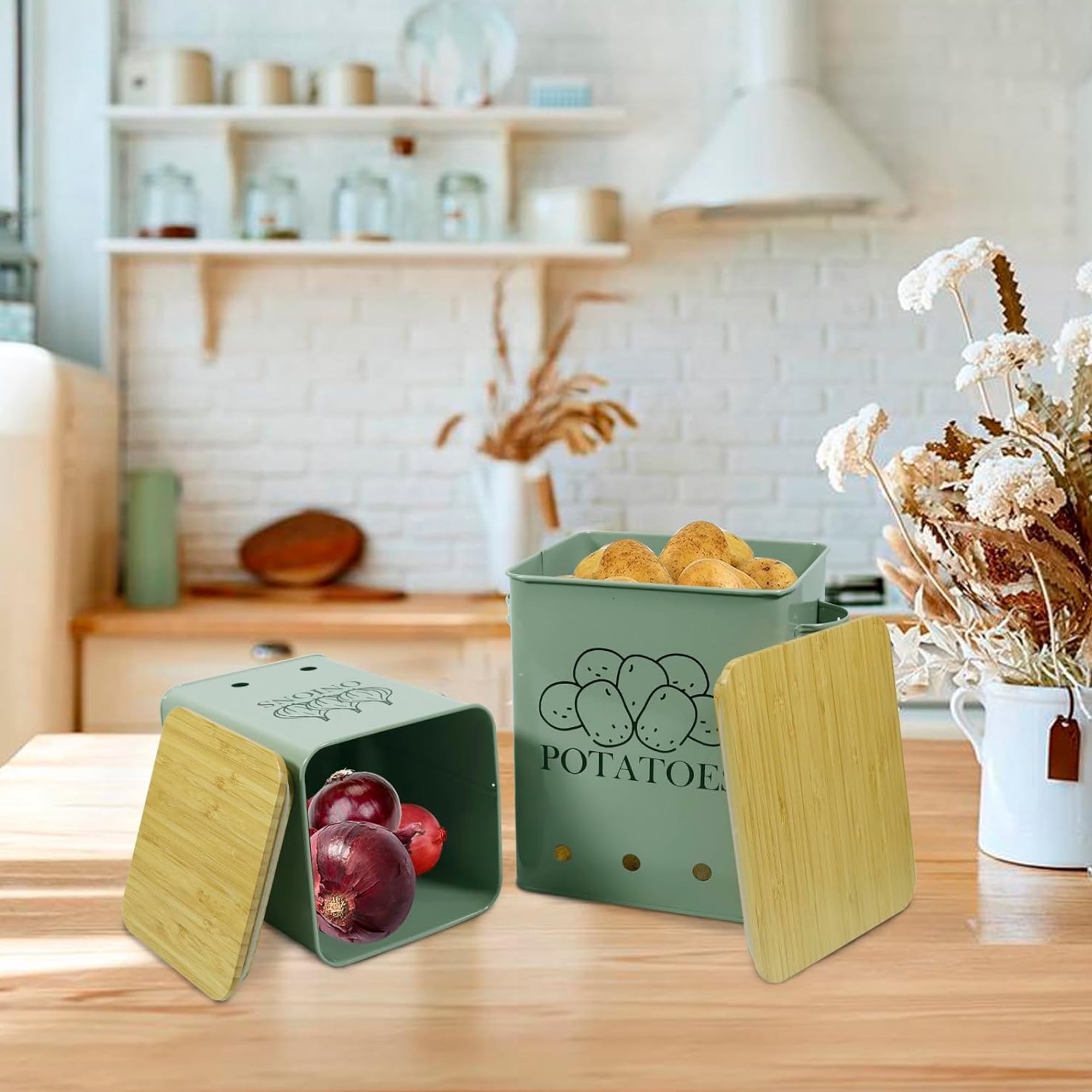 Brabtod Pantry Organizers Storage,2 Set Stackable Kitchen Counter Organizers for Onion,Potato,Fruit,Produce and Vegetable,Kitchen Storage Canister,Green