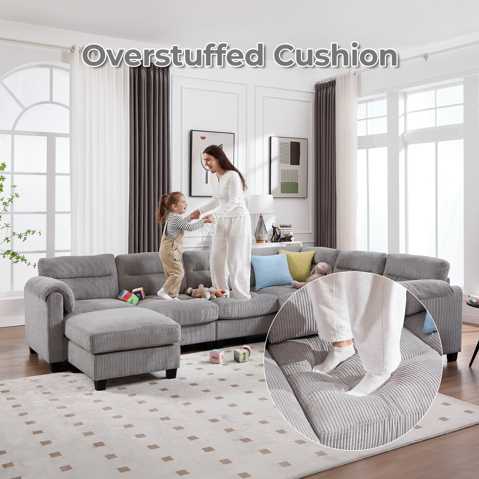 Bonzy Home Modular Plush Convertible Sectional Sofa with Ottoman, Gray