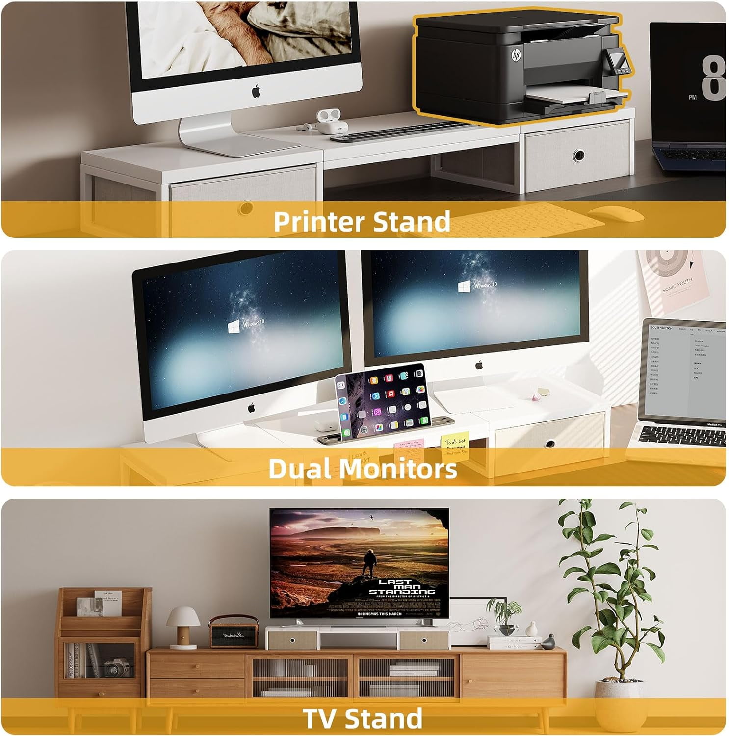 Dual Monitor Stand Riser with 2 Drawers - 39Inch Large Storage Computer Monitor Stands for 2 Monitors, Wooden Desktop Organizer Perfect for Home Office Desk, Computer, Laptop, TV, White