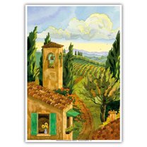 Tuscan Afternoon - Tuscany Italy - Italian Villa Vineyards Cypress Trees - From an Original Watercolor Painting by Robin Wethe Altman - Master Art Print 10in x 14in