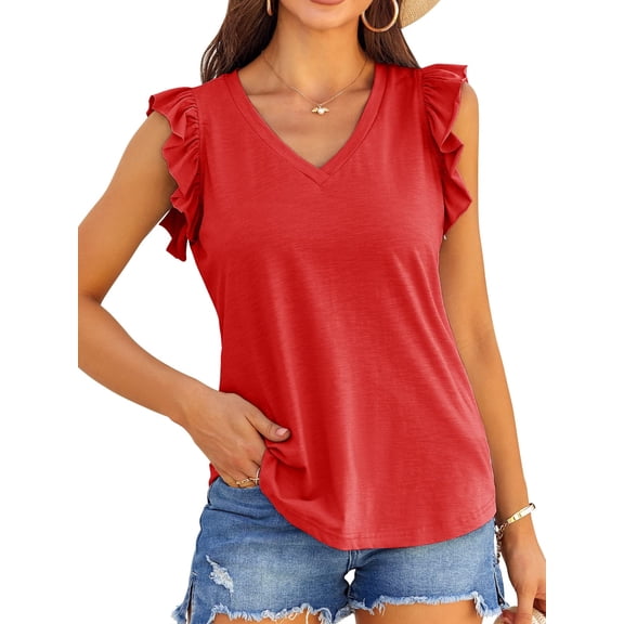 Womens Casual V Neck Blouse Tops Frilled Ruffles Solid Sleeveless Tanks