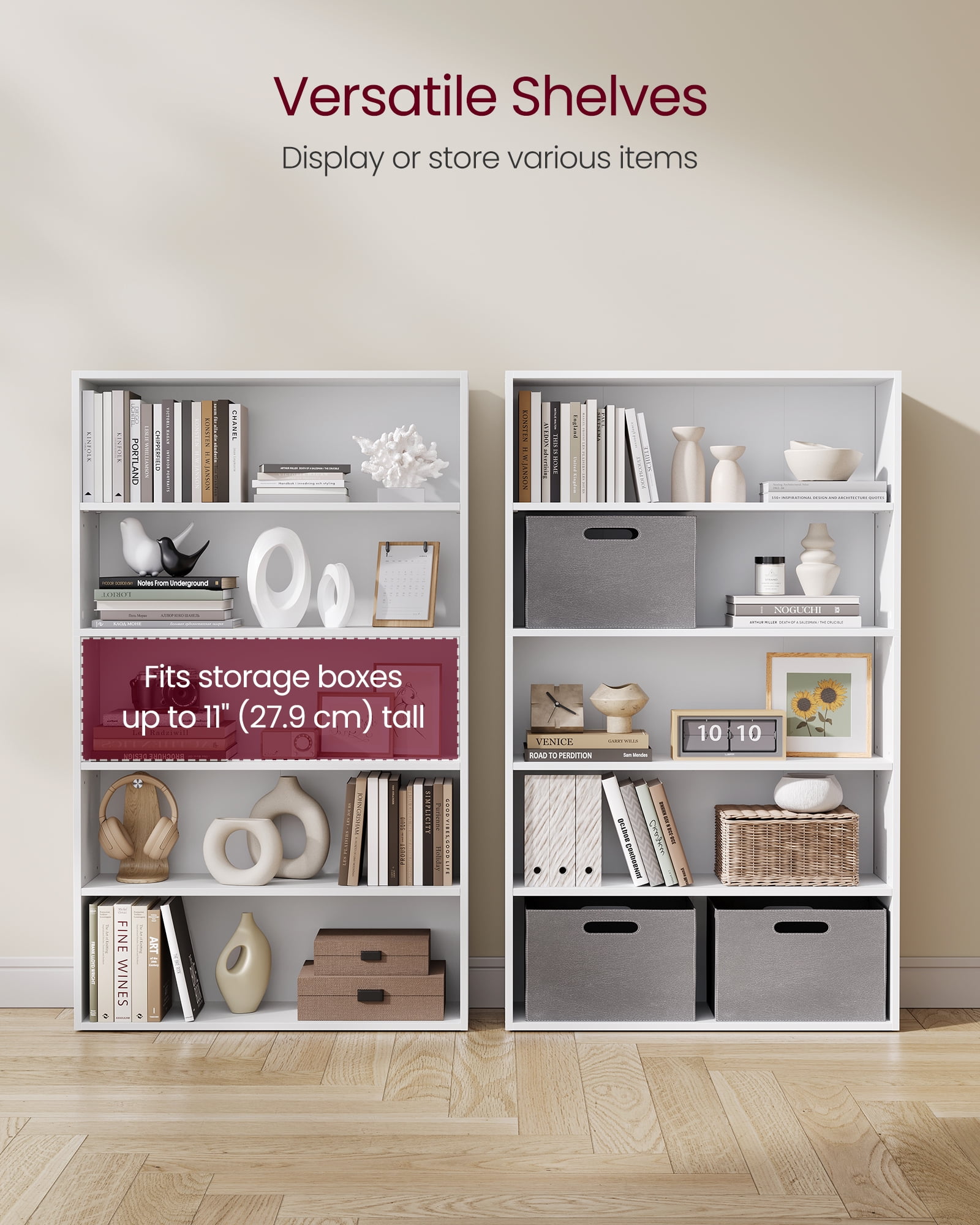 30 Inches Wide 5-Tier Open Bookshelf, Adjustable Storage Shelves, Floor Standing Bookcase in Cloud White