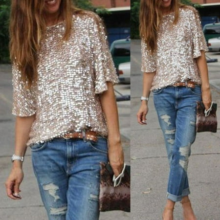Collection Blouse - The Noble Collection Ladies Off-shoulder Glistening Sequin Slim Shirt Tops Blouses Tee Womens T-shirt