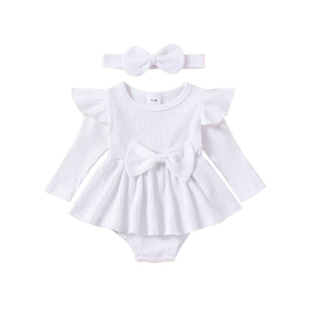 FOCUSNORM Tenue de Printemps pour Bébé Fille Nouveau-Né Robe à Manches Longues Col Rond avec Nœud et Bandeau Vêtements d'Automne pour Nourrisson