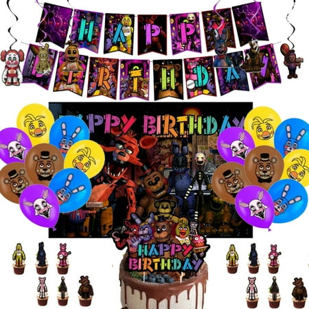 41pcs Five Nights Birthday Party Supplies Pack Includes Banner Cake Topper Blackdrop Balloons for Five Nights party decoration