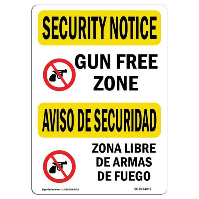 SignMission OS-SN-A-1218-L-11546 12 x 18 in. OSHA Security Notice Sign - Gun Free Zone Bilingual