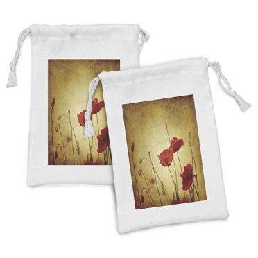 Poppy Flower Fabric Pouch Set of 2, Flower and Buds on Ambient Dark Grunge Background Retro Effects Bohemian, Small Drawstring Bag for Toiletries Masks and Favors, 9" x 6", Cream and Red, by Ambesonne