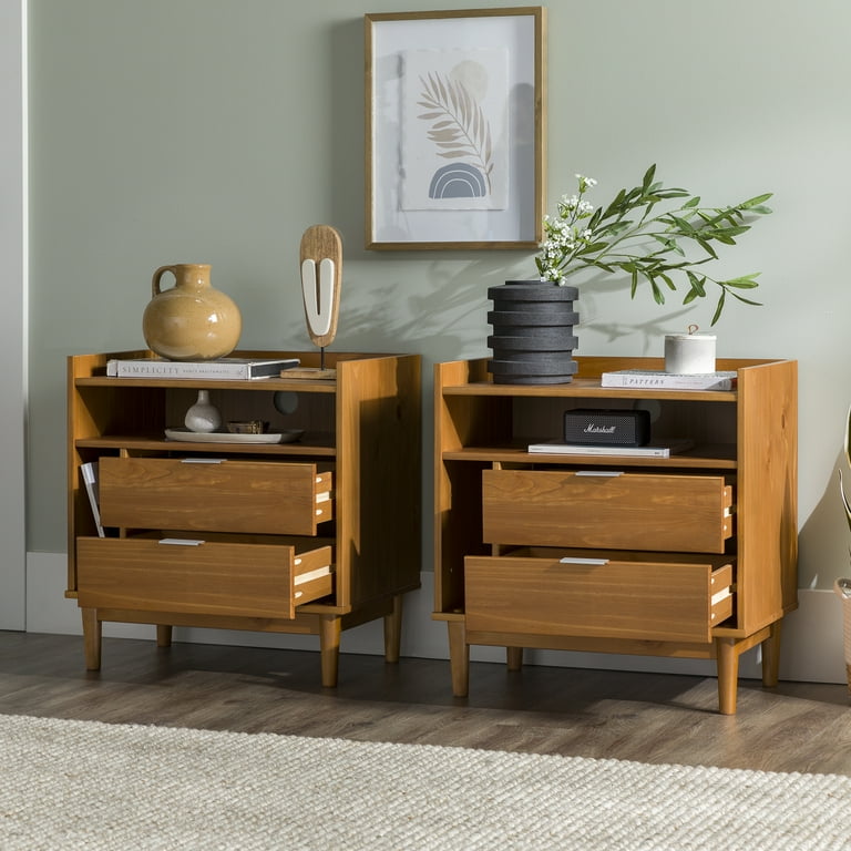 Walker Edison Mid Century Modern 2 Drawer Wood Nightstand Set of 2 Caramel